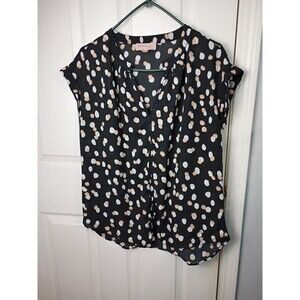 Philosophy Women M Polka Dot Blouse Short Sleeve V-Neck Pleat  Black Peach White